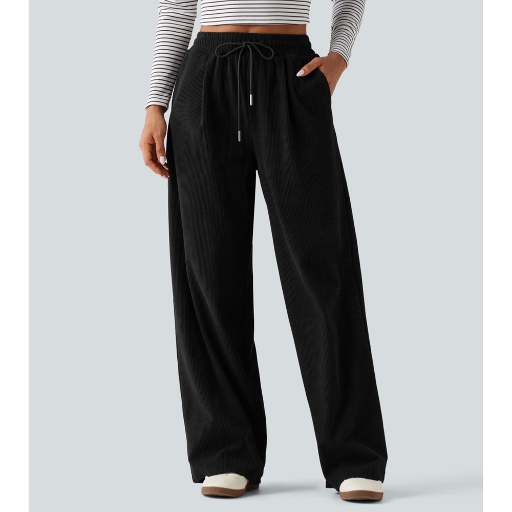 Halara Black High Waisted Corduroy Straight Leg Drawstring Pants Pockets M NWT